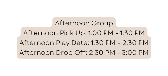 Afternoon Group Afternoon Pick Up 1 00 PM 1 30 PM Afternoon Play Date 1 30 PM 2 30 PM Afternoon Drop Off 2 30 PM 3 00 PM